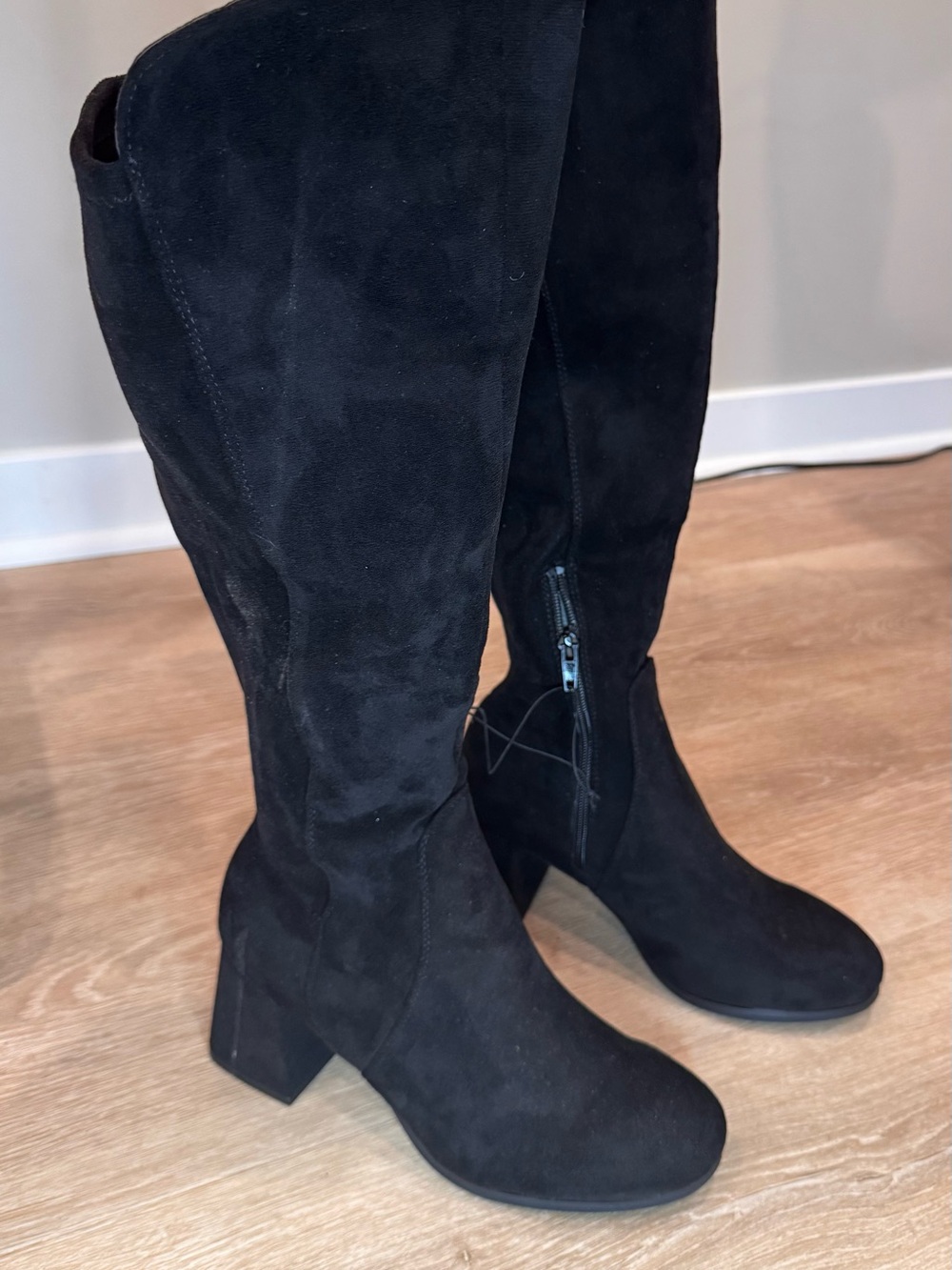 Streetwear Society Black Suede Knee-High Block Heel Boots